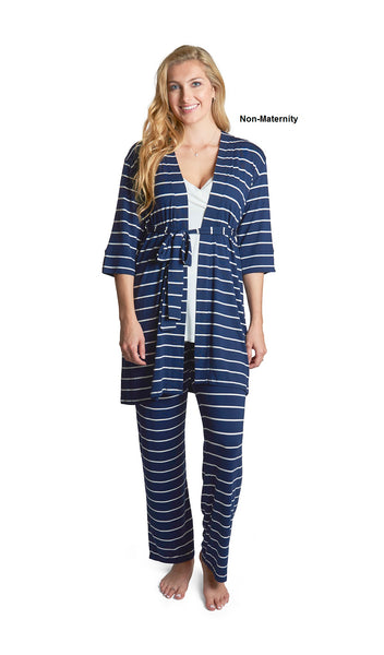 Navy Analise 3-Piece Set. Woman wearing 3/4 sleeve robe, tank top and pant as non-maternity.