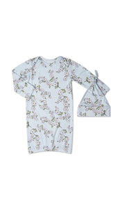 Baby's Breath Gown 2-Piece with gathered elastic hem and matching knotted hat for baby.