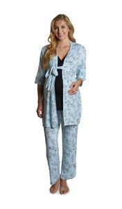 Baby's Breath Analise 3-Piece Set. Pregnant woman wearing 3/4 sleeve robe, tank top and pant.