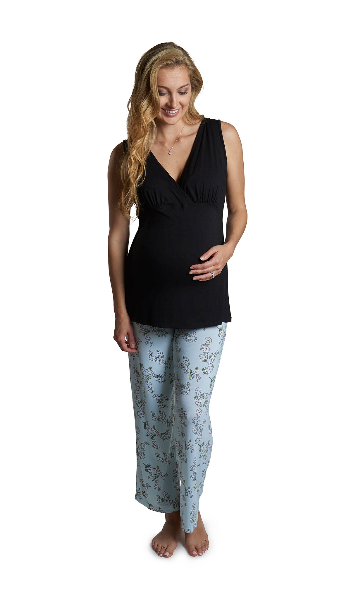 Baby's Breath Analise 5-Piece Set, pregnant woman wearing criss-cross bust tank top and pant.