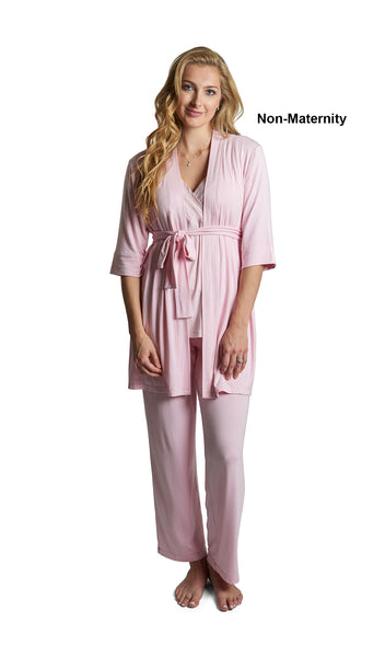 Blush Analise 3-Piece Set. Woman wearing 3/4 sleeve robe, tank top and pant as non-maternity.