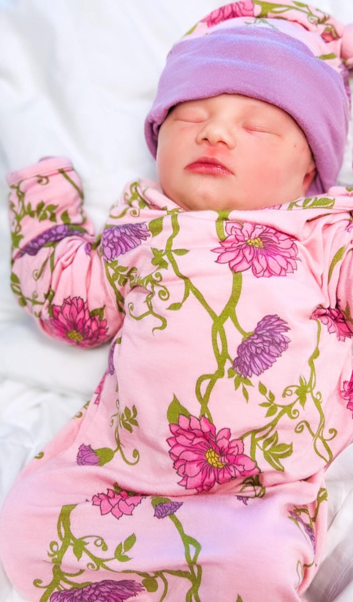 Dahlia Gown 2-Piece worn by sleeping baby.
