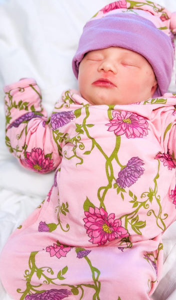 Dahlia Adaline 5-Piece Set, gown and knotted hat worn by sleeping baby.