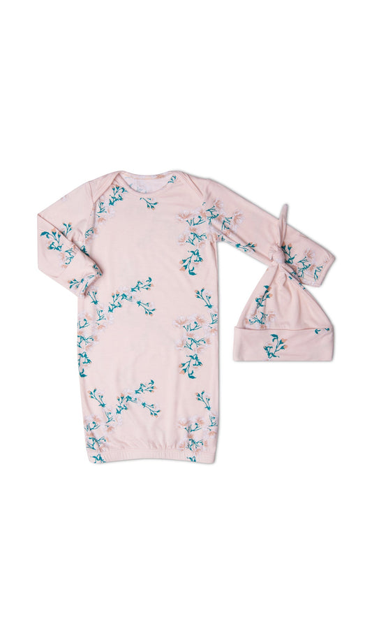 Lily Gown 2-Piece with long sleeve baby gown and matching knotted hat.