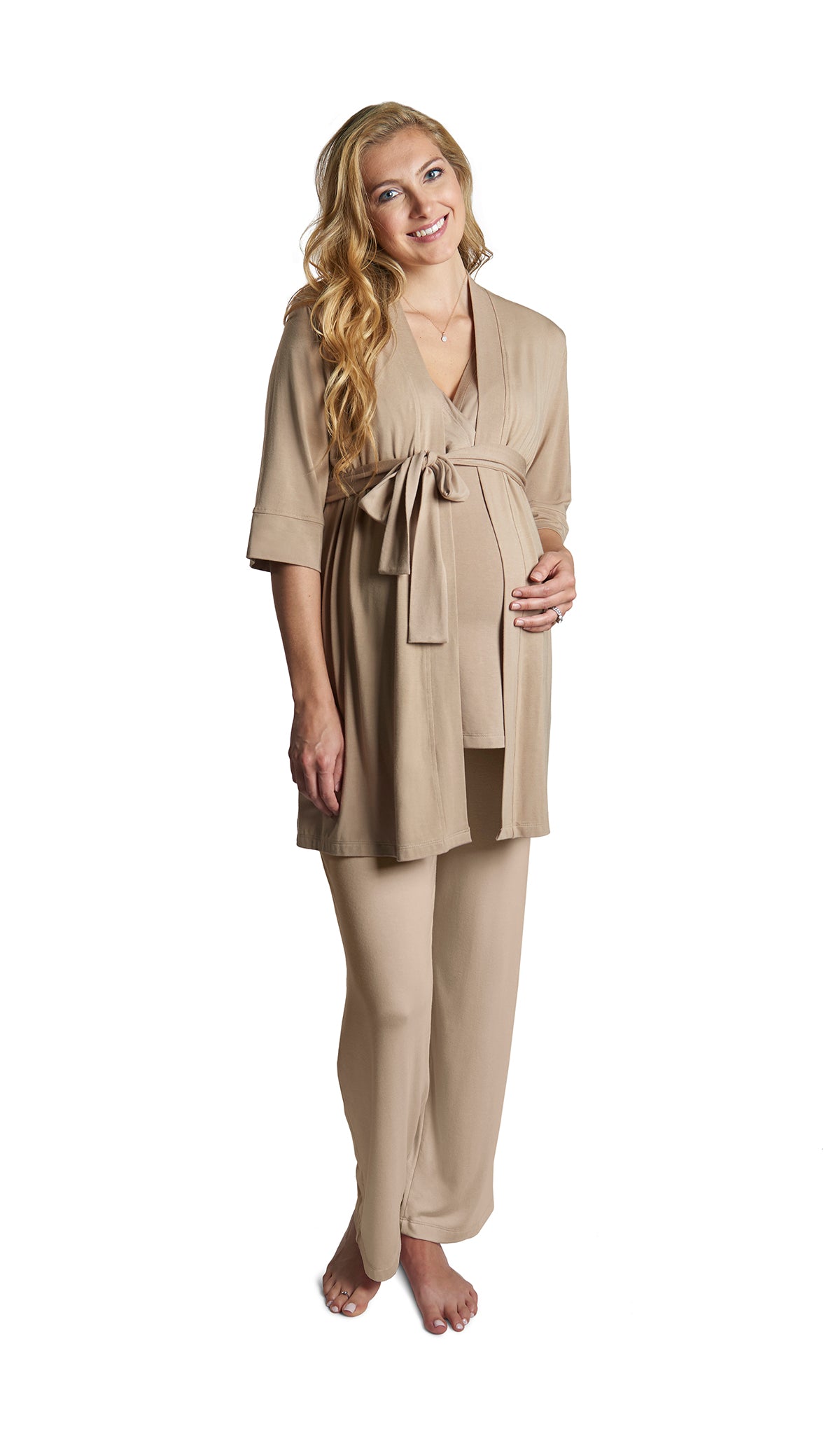 Latte Analise 3-Piece Set. Pregnant woman wearing 3/4 sleeve robe, tank top and pant.