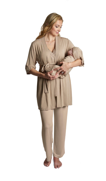 Latte Analise 5-Piece Set. Woman wearing 3/4 sleeve robe, tank top and pant while holding a baby wearing baby gown and knotted baby hat.