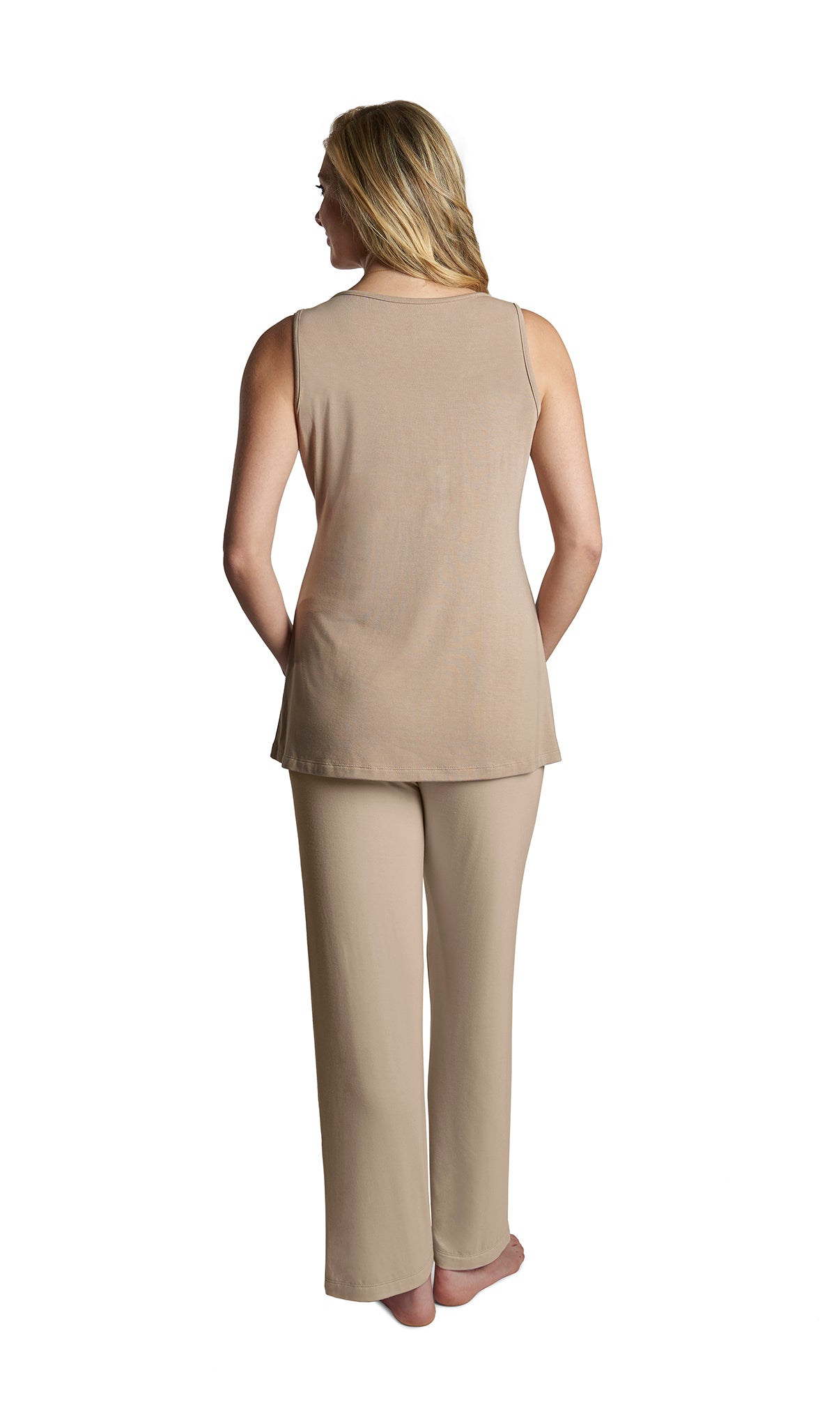 Latte Analise 3-Piece Set, back shot of woman wearing tank top and pant.