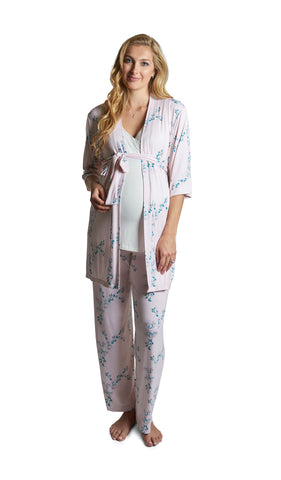 Lily Analise 3-Piece Set. Pregnant woman wearing 3/4 sleeve robe, tank top and pant.