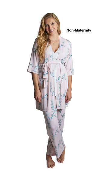 Lily Analise 3-Piece Set. Woman wearing 3/4 sleeve robe, tank top and pant as non-maternity.
