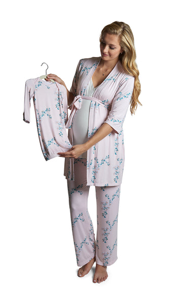 Lily Analise 5-Piece Set. Pregnant woman wearing 3/4 sleeve robe, tank top and pant while holding a baby gown.