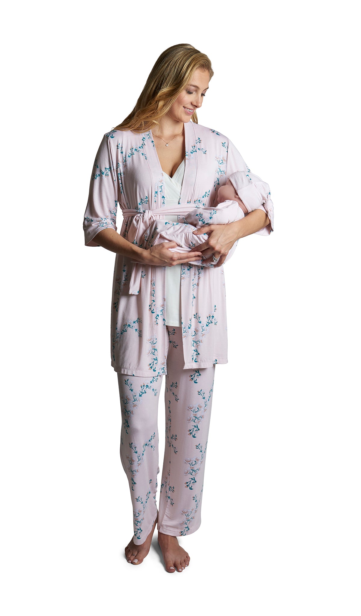 Lily Analise 5-Piece Set. Woman wearing 3/4 sleeve robe, tank top and pant while holding a baby wearing baby gown and knotted baby hat.