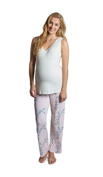 Lily Analise 3-Piece Set, pregnant woman wearing criss-cross bust tank top and pant.
