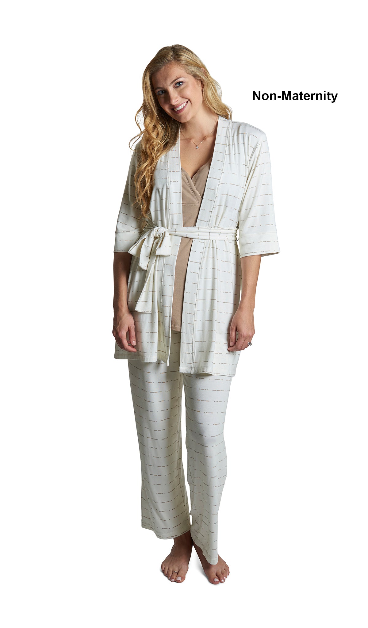 Love Analise 3-Piece Set. Woman wearing 3/4 sleeve robe, tank top and pant as non-maternity.