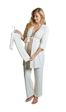 Love Analise 5-Piece Set. Pregnant woman wearing 3/4 sleeve robe, tank top and pant while holding a baby gown.
