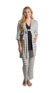 Sand Stripe Analise 3-Piece Set. Pregnant woman wearing 3/4 sleeve robe, tank top and pant.