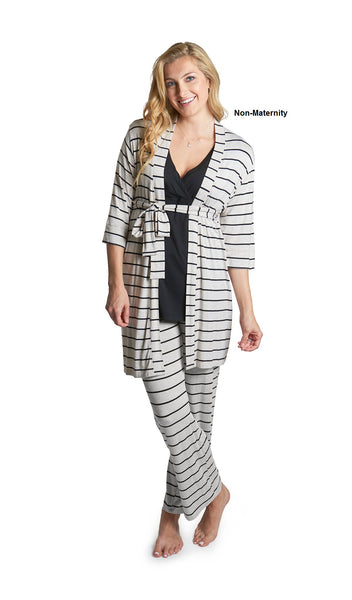 Sand Stripe Analise 3-Piece Set. Woman wearing 3/4 sleeve robe, tank top and pant as non-maternity.