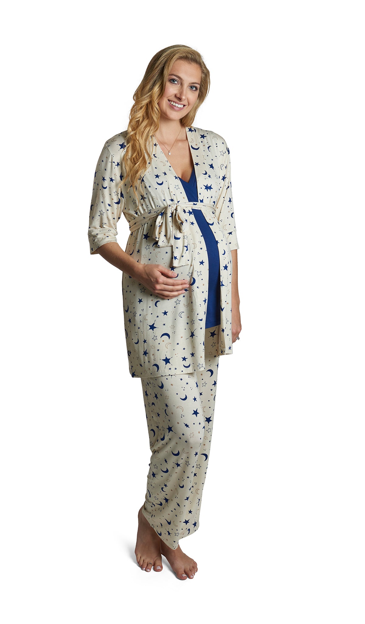 Twinkle Analise 3-Piece Set. Pregnant woman wearing 3/4 sleeve robe, tank top and pant.