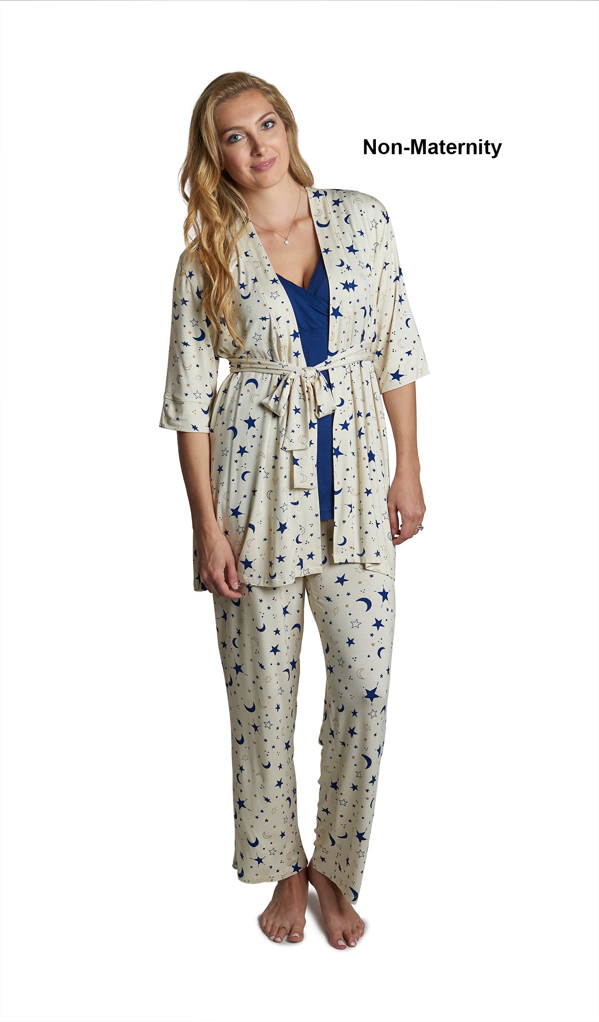 Twinkle Analise 3-Piece Set. Woman wearing 3/4 sleeve robe, tank top and pant as non-maternity.
