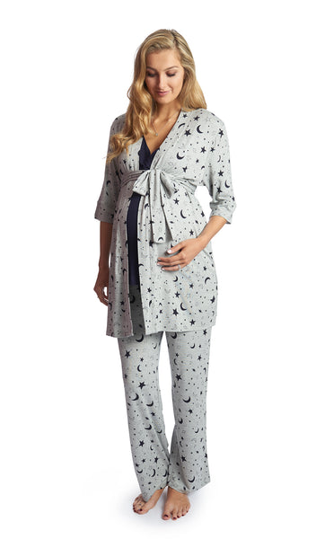 Twinkle Night Analise 3-Piece Set. Pregnant woman wearing 3/4 sleeve robe, tank top and pant.