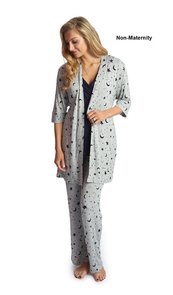 Twinkle Night Analise 3-Piece Set. Woman wearing 3/4 sleeve robe, tank top and pant as non-maternity.