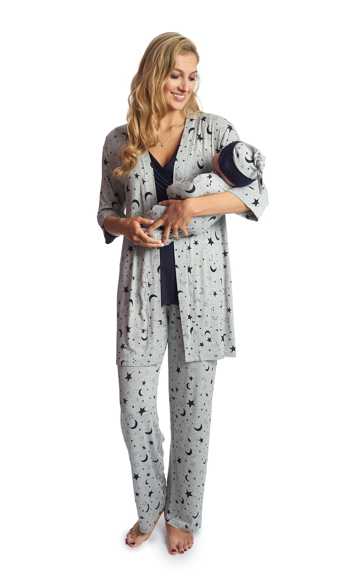 Twinkle Night Analise 5-Piece Set. Woman wearing 3/4 sleeve robe, tank top and pant while holding a baby wearing baby gown and knotted baby hat.
