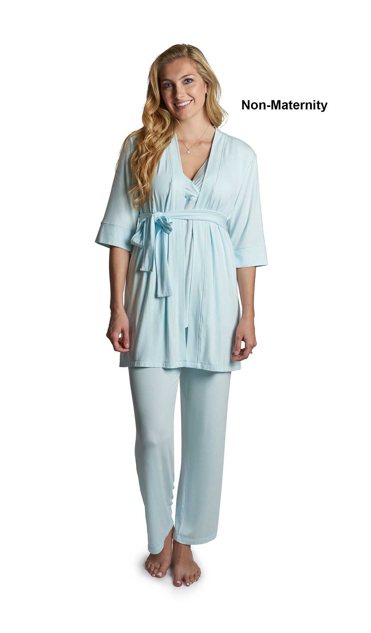 Whispering Blue Analise 3-Piece Set. Woman wearing 3/4 sleeve robe, tank top and pant as non-maternity.