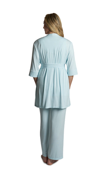 Whispering Blue Analise 3-Piece Set, back shot of woman wearing robe and pant.