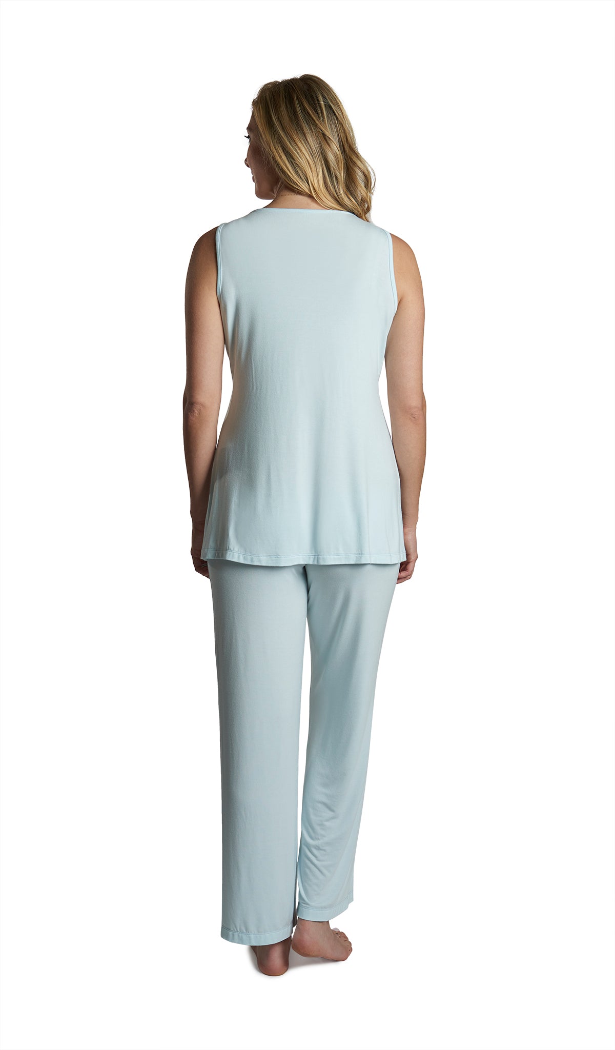 Whispering Blue Analise 5-Piece Set, back shot of woman wearing tank top and pant.