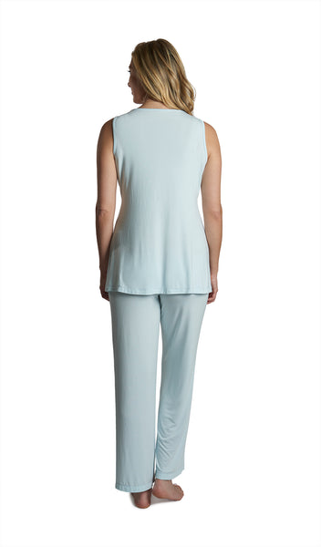 Whispering Blue Analise 3-Piece Set, back shot of woman wearing tank top and pant.