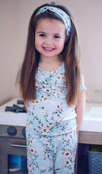 Cloud Blue Bella Kids 3-Piece Short PJ. Little girl wearing short sleeve top and short with matching headwrap.