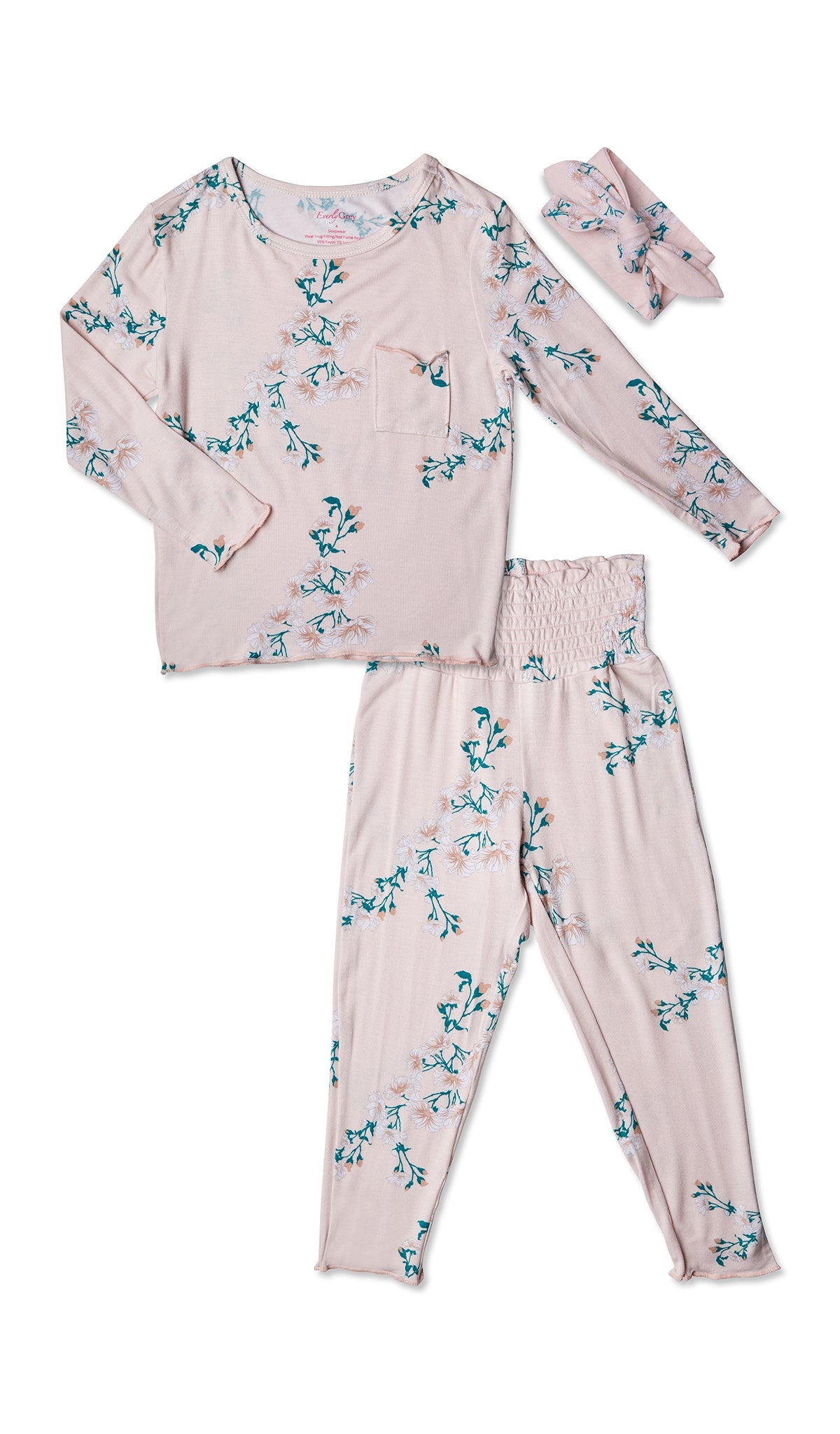 Lily Charlie Baby  3-Piece Pant PJ. Long sleeve top with smocked waistband pant and matching headwrap. Lettuce trim detail on sleeve edge, top and pant hem.