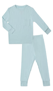 Whispering Blue Emerson Baby 2-Piece Pant PJ. Long sleeve top with cuff trim and long pant with cuff trim.