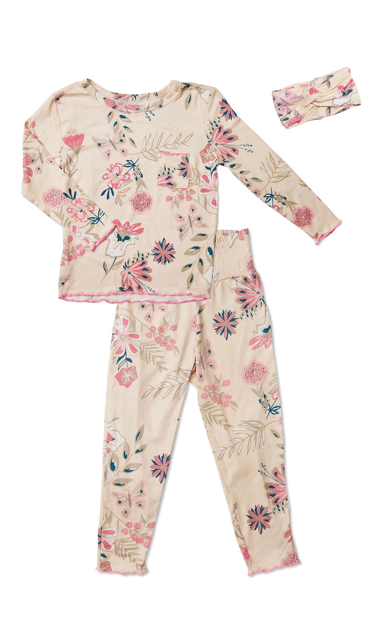 Wild Flower Charlie Baby 3-Piece Pant PJ. Long sleeve top with smocked waistband pant and matching headwrap. Lettuce trim detail on sleeve edge, top and pant hem.