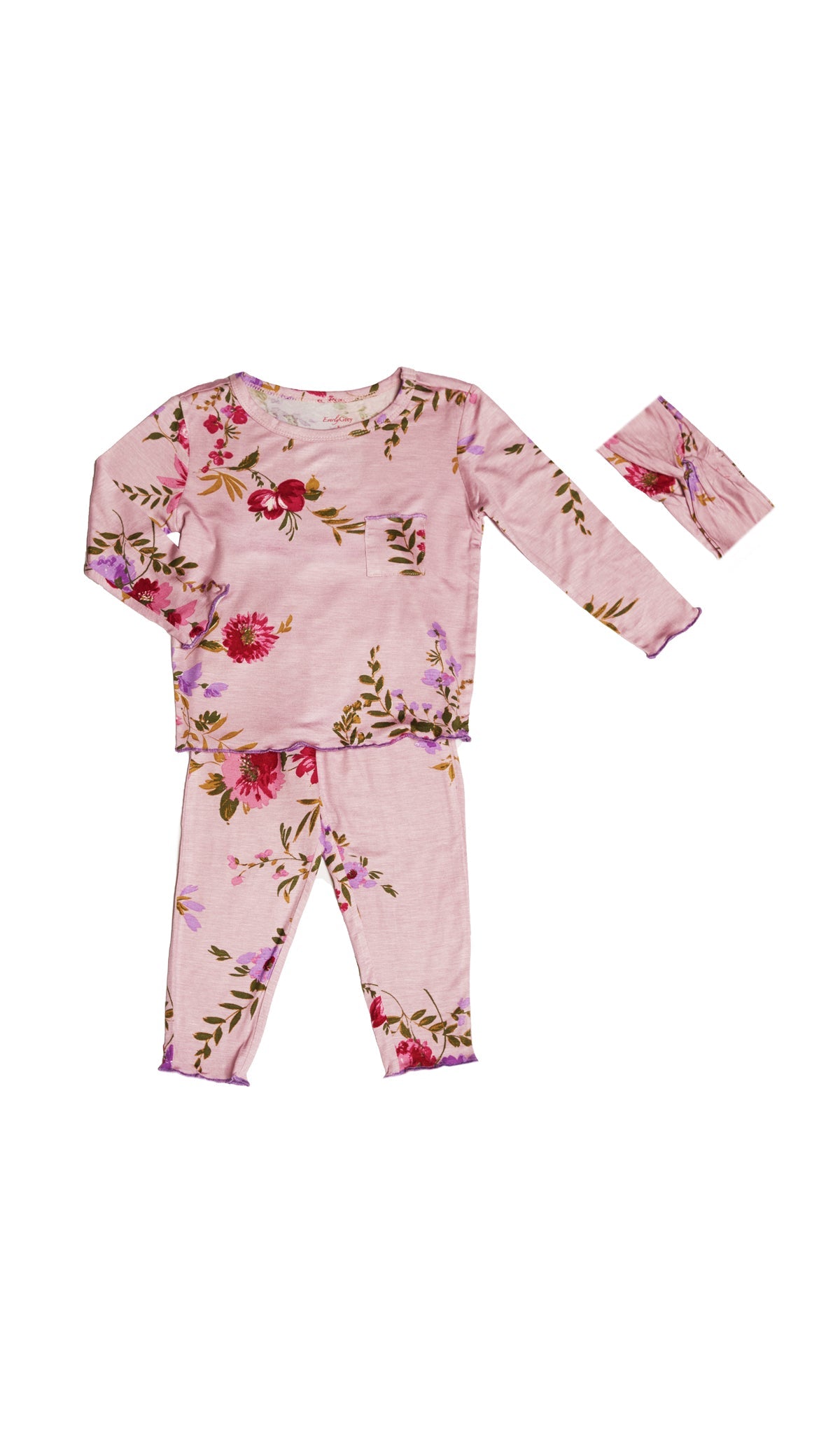 Dusty Rose Charlie Baby 3-Piece Pant PJ. Long sleeve top with smocked waistband pant and matching headwrap. Lettuce trim detail on sleeve edge, top and pant hem.