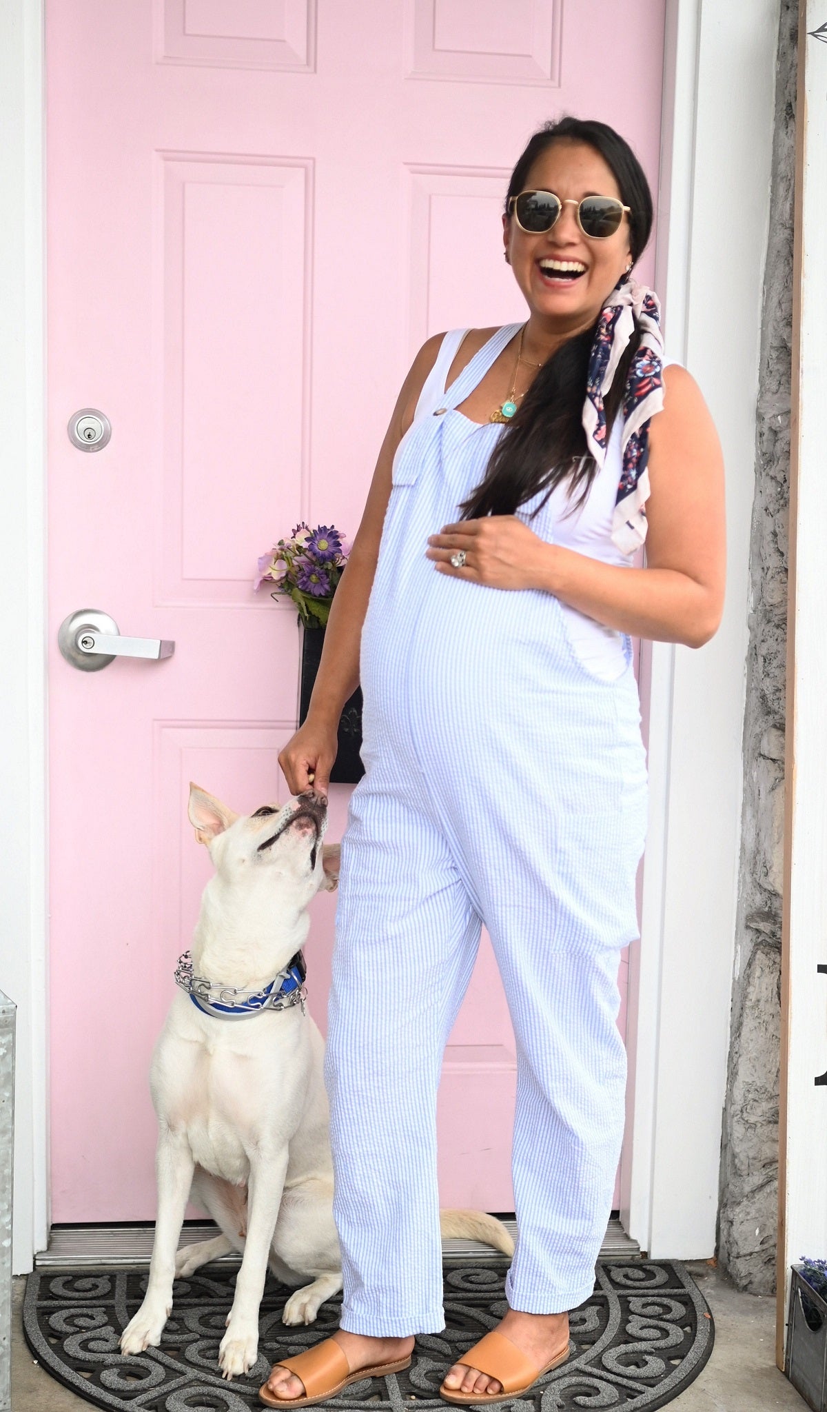 Royal Stripe Nani overall worn by pregnant woman standing in front of pink front door with one hand on her belly and dog sitting next to her sniffing her other hand.