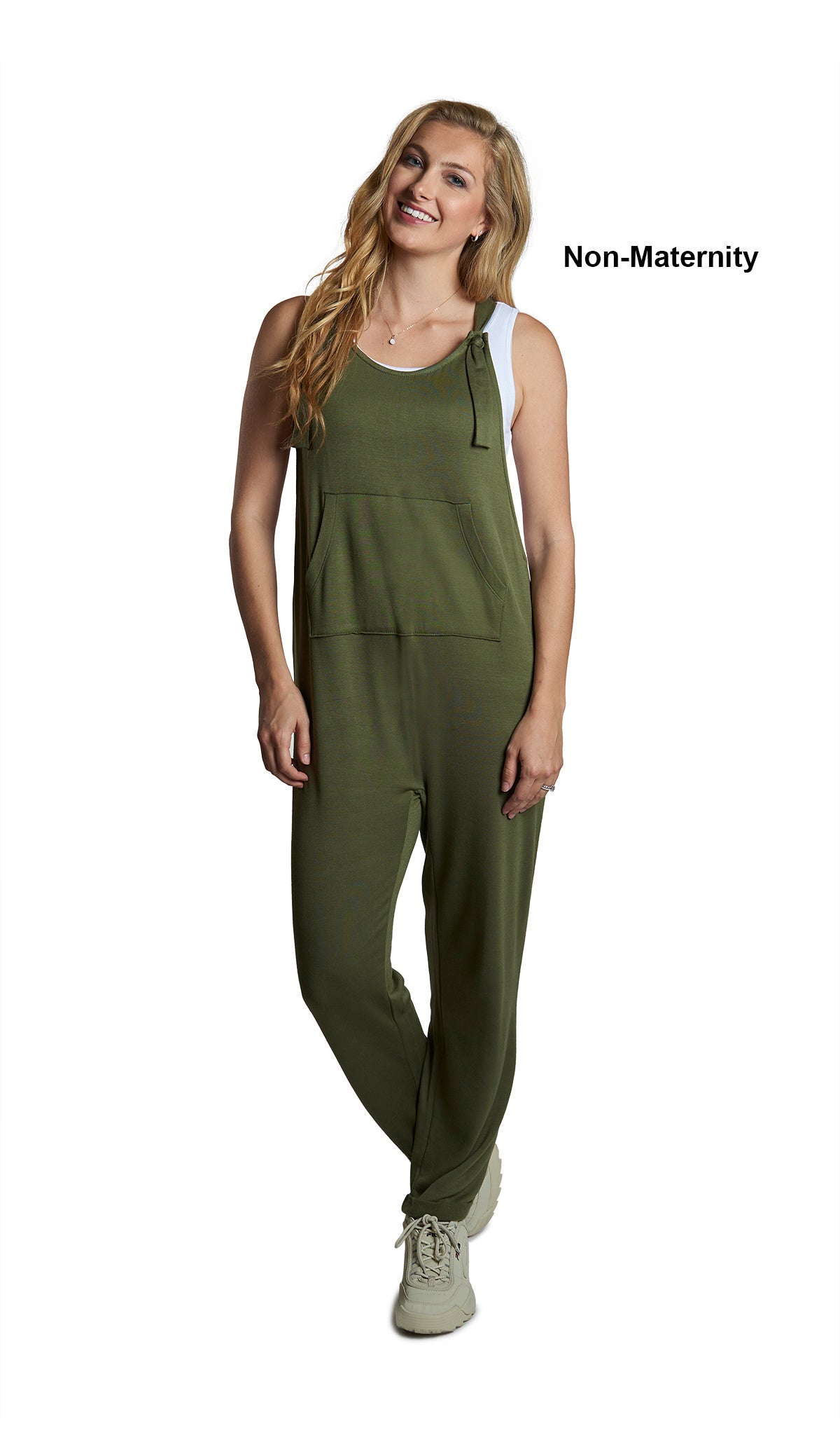 French Terry Olive Natalie Overall. Woman wearing short sleeve tee shirt under Natalie overall as non-maternity.