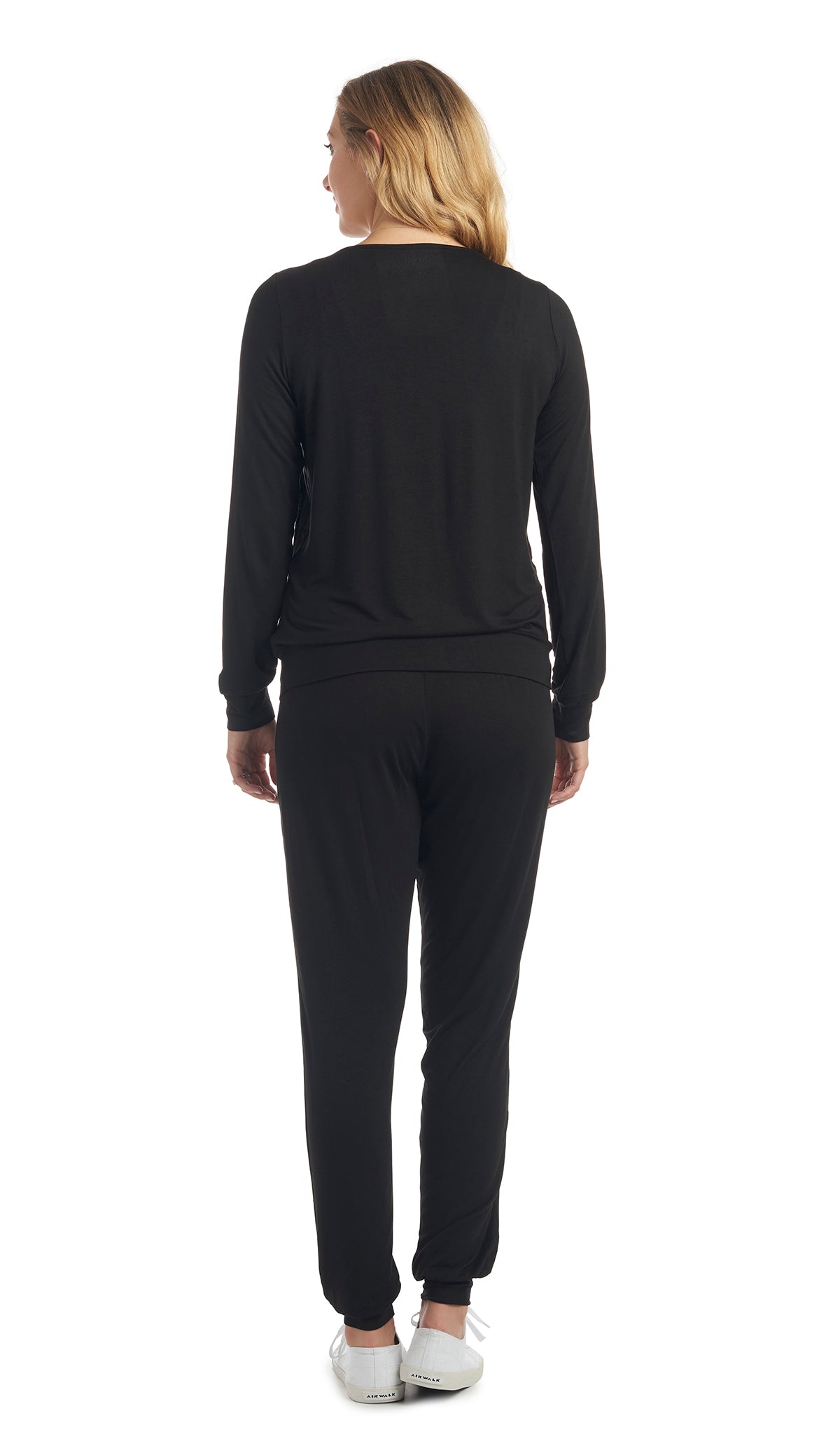 Black Whitney 2-Piece back view on figure showing long sleeve top and long pant with cuff hem.