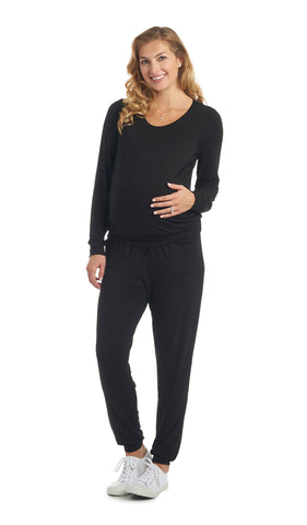 Black Whitney 2-Piece on pregnant figure. Long sleeve top with nursing access and long pant with cuff hem.