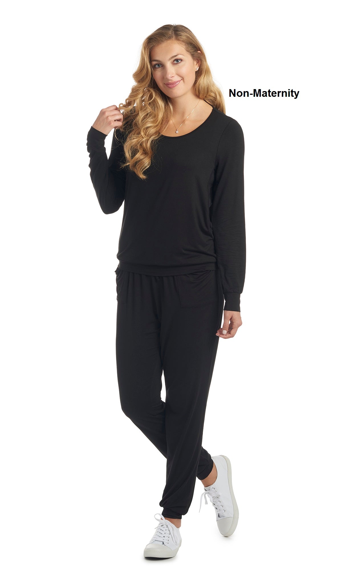 Black Whitney 2-Piece on woman wearing as non-maternity. Long sleeve top with nursing access on sides and long pant with cuff.