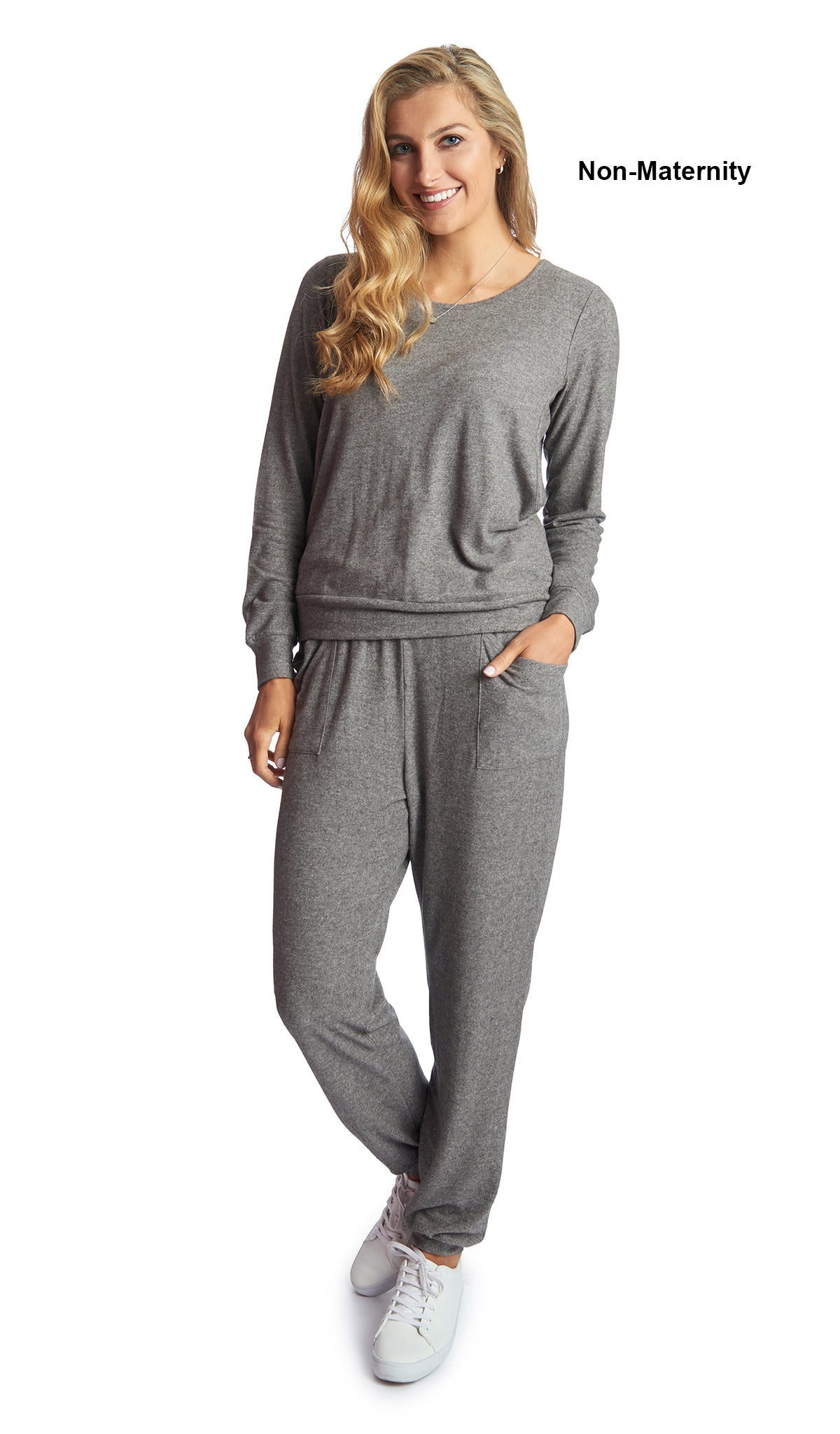 Charcoal Whitney 2-Piece on woman wearing as non-maternity. Long sleeve top with nursing access on sides and long pant with cuff.