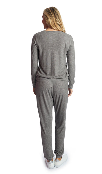 Charcoal Whitney 2-Piece back view on figure showing long sleeve top and long pant with cuff hem.