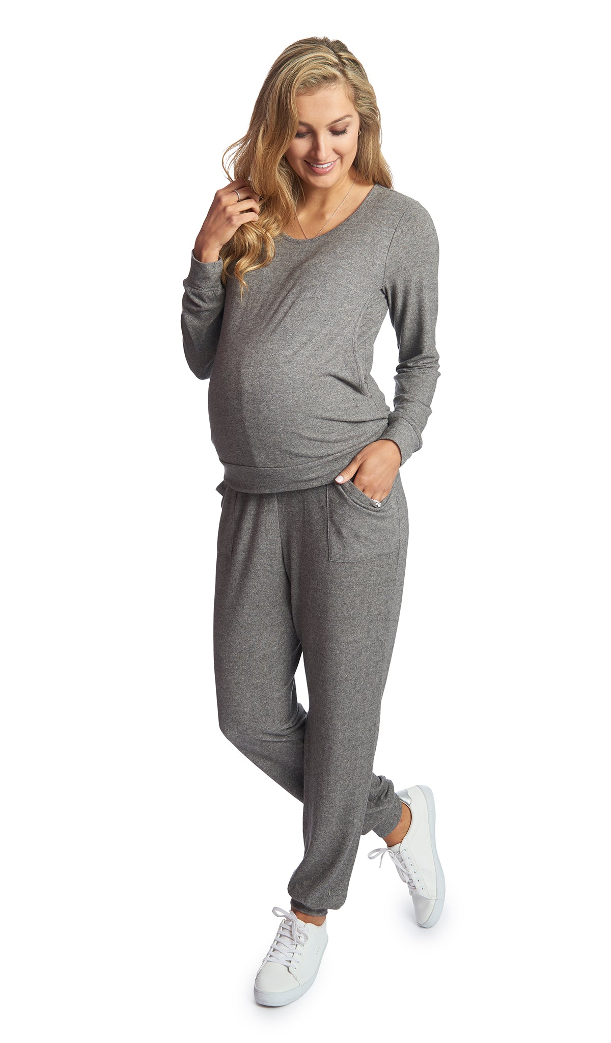 Charcoal Whitney 2-Piece on pregnant figure. Long sleeve top with nursing access and long pant with cuff hem.