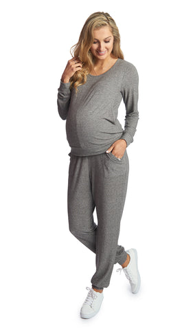 Charcoal Whitney 2-Piece on pregnant figure. Long sleeve top with nursing access and long pant with cuff hem.