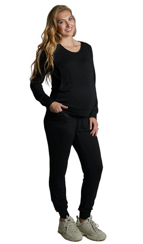 French Terry Black Whitney 2-Piece on pregnant figure. Long sleeve top with nursing access and long pant with cuff hem.