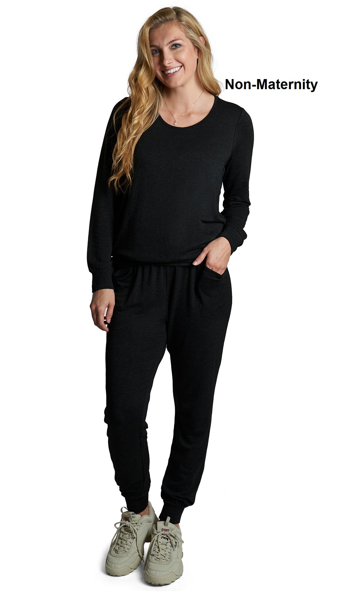 French Terry Black Whitney 2-Piece on woman wearing as non-maternity. Long sleeve top with nursing access on sides and long pant with cuff.