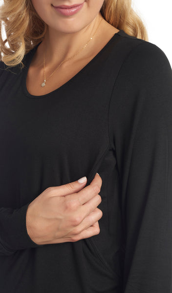 French Terry Black Whitney 2-Piece side view nursing access detail of long sleeve top.