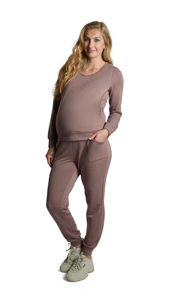 Coco Whitney 2-Piece on pregnant figure. Long sleeve top with nursing access and long pant with cuff hem
