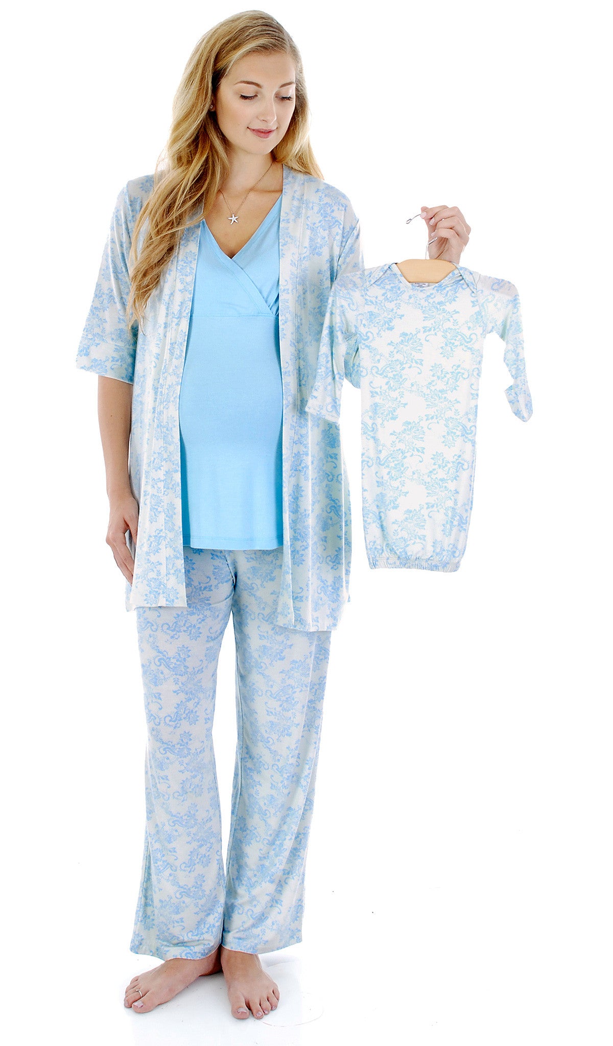 Blue Chantilly Analise 5-Piece Set. Pregnant woman wearing 3/4 sleeve robe, tank top and pant while holding a baby gown.