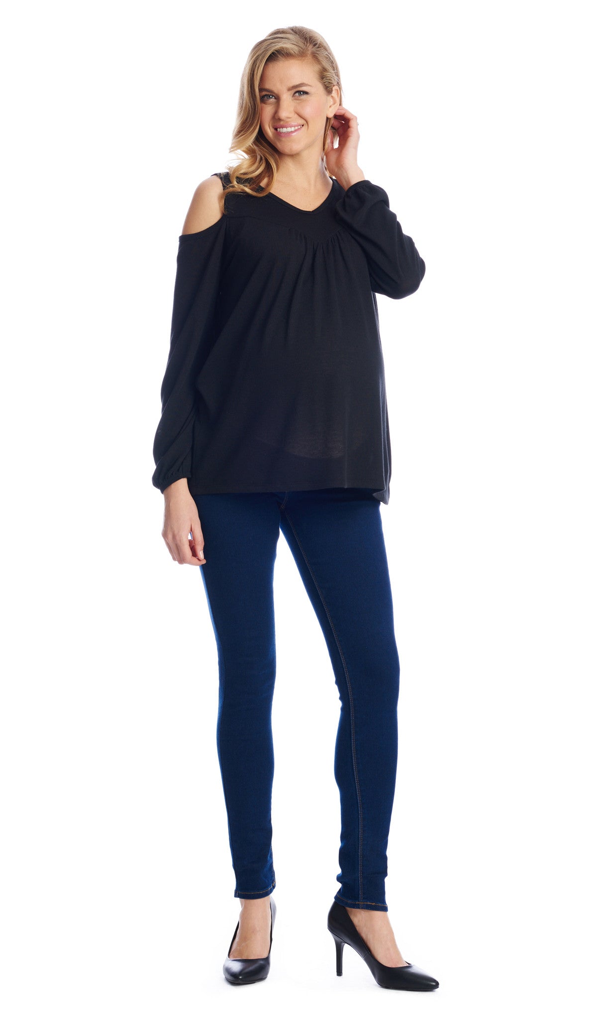 Black Nora full length shot of top worn by pregnant woman.