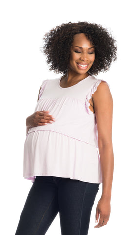 Lavender Valentina top worn by pregnant woman with dark denim.